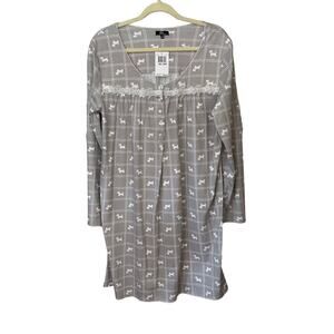 Aria Pajama Gown Scottie Dogs Gray PInk White Embroidered Womens Size L Pullover